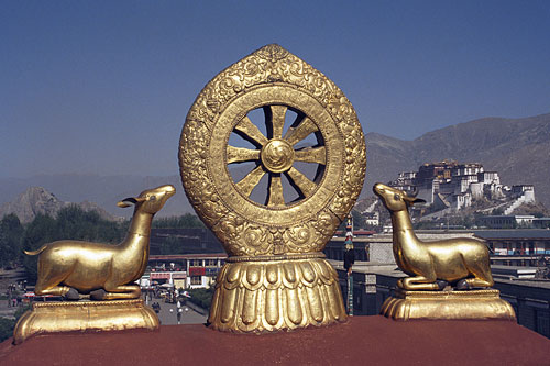 Roof of Jokhang Temple, Potala Palace in the distance.