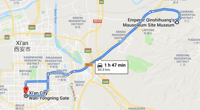 Terracotta Warriors and Xian City Wall tour map